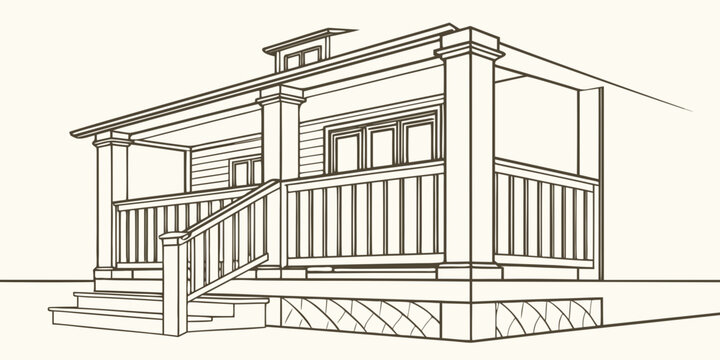 A detailed architectural drawing of a traditional wooden house with a porch