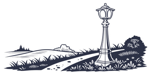 A vintage street lamp stands tall on a winding path through a serene countryside landscape © Gf