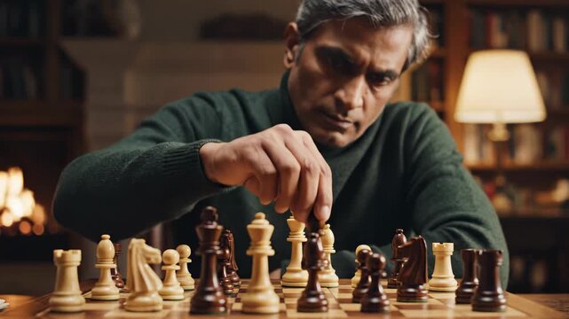 Man intensely focused over a wooden chessboard in a warmly lit library study, contemplating his next strategic move among classic chess pieces with fireplace and lamp in background