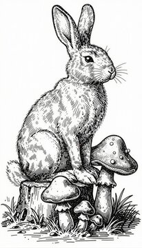 Un conejillo sentado sobre un toc&oacute;n, rodeado de setas en un dibujo en blanco y negro.