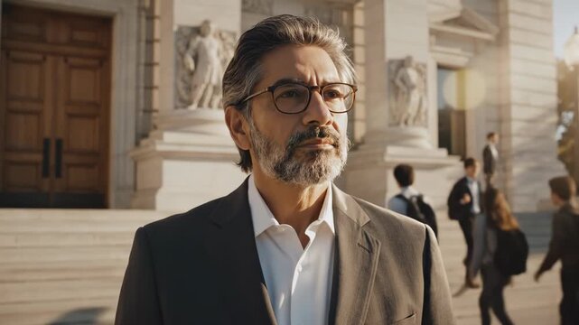Confident middle-aged professor in a tailored suit and glasses stands on the grand stone steps of a classical academic building, students walking past in the background