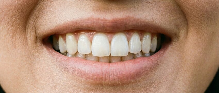 건강하고 하얀 치아를 드러내며 자연스럽게 미소 짓는 한국 여성의 입술 클로즈업