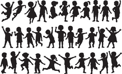 Fototapeta premium children black silhouettes showing jumping dancing running and waving