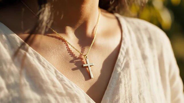 Close-up portrait of a woman wearing a gold cross necklace, her hand touching the pendant over sunlit collarbone and linen blouse, with warm outdoor bokeh and natural lighting