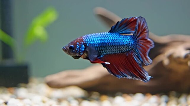 Captivating close-up of a magnificent blue and red Siamese fighting fish gracefully swimming in a crystal-clear freshwater aquarium, displaying its stunning flowing fins and vibrant coloration