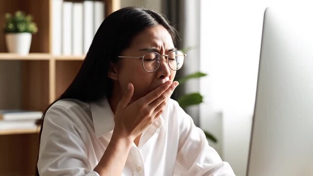Tired young Asian woman yawning while working at her home office
