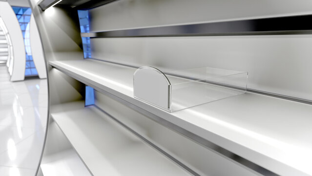 Close-up of empty clear display organizer box on supermarket shelf. 3d illustration