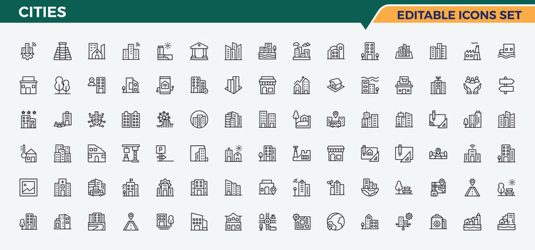 Cities icon set. Town linear icon set. Minimal linear icons. Includes symbols for urban, town, building, connect, transport and more. Editable stroke. Pixel Perfect.