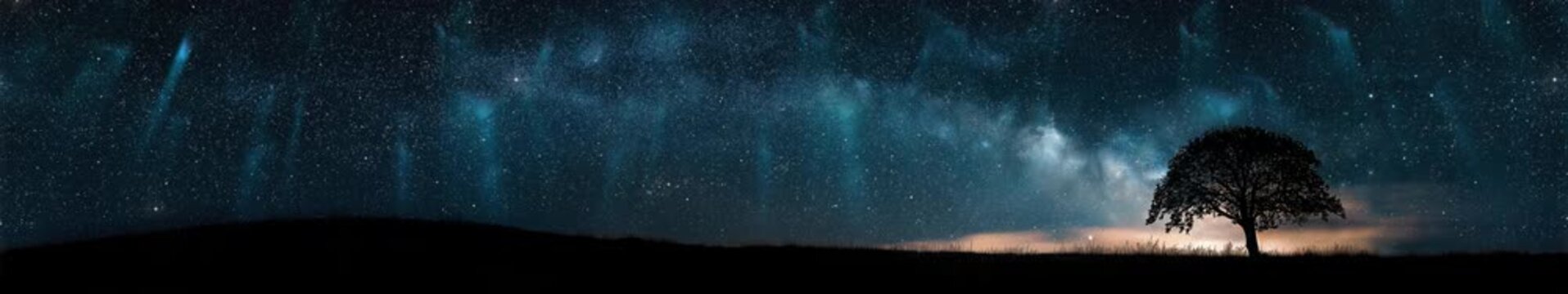 Starry Night Sky with Aurora Lights and Lone Tree Silhouette, Panoramic Loop Background