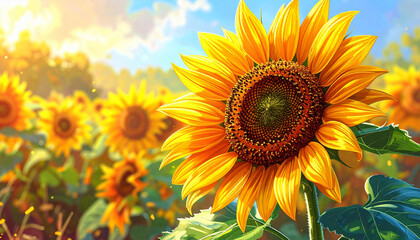 Obraz premium A vibrant hand-drawn illustration of a blooming sunflower
