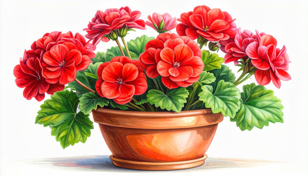 A charming hand-drawn illustration of vibrant red geraniums
