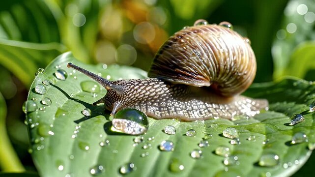 A garden snail with a brown shell crawls on a wet green leaf after the rain