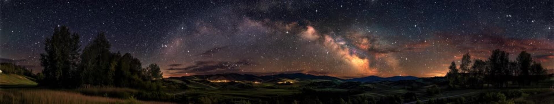 Beautiful Starry Sky Over Scenic Landscape with Milky Way, Panoramic Loop Background
