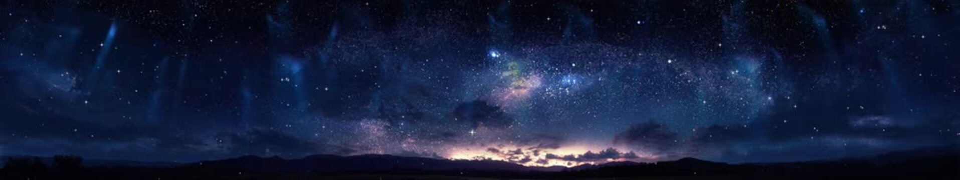 Milky Way Starry Sky with Aurora Lights Over Mountain Silhouette, Panoramic Loop Background