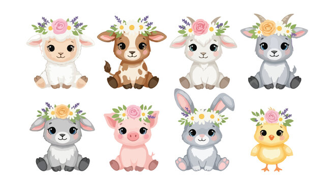 Flat lay of cute cartoon farm animals wearing floral crowns on a white background, including a lamb, calf, rabbit, donkey, pig, and chick in a colorful arrangement.