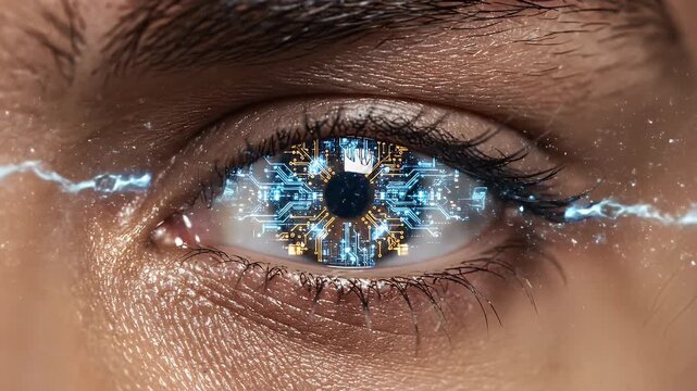 A futuristic bionic eye with a glowing blue circuit board iris and data streams