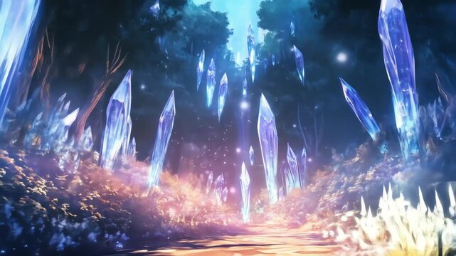 Fantasy forest with glowing crystals and magical light display