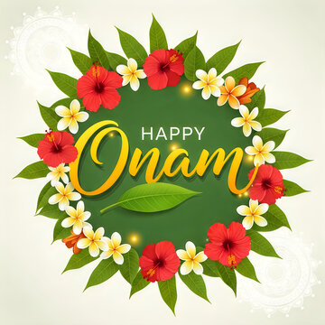 Vibrant Onam Festival Floral Garland with Happy Onam Greeting on Green Background