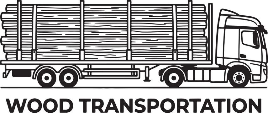 Black and white line of a semi truck carrying a large load of lumber also transparent background trailer