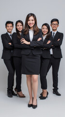 Obraz premium Poised Professionals: A group of confident individuals, dressed in sharp business attire, strike a pose that exudes professionalism, leadership, and a shared vision of success. 