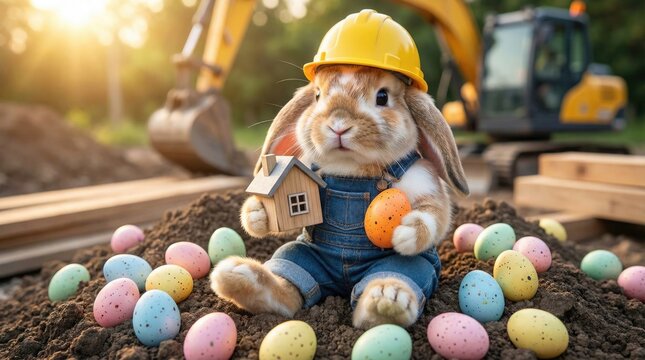 Easter bunny wearing hard hat and overalls on construction site with easter eggs.