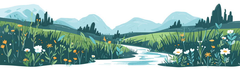 Idyllic River Scene with Wildflowers isolated vector style
