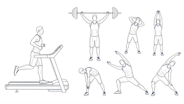 Gym Fitness Human Figures, Treadmill Running, Weight Lifting, Stretching Poses, Architectural Blueprint Line Drawing