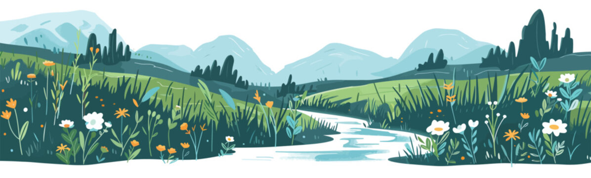 Idyllic River Scene with Wildflowers isolated vector style