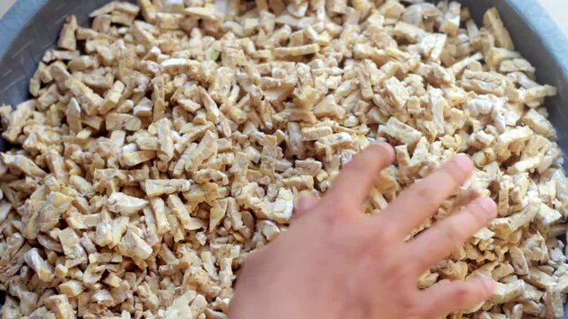 Close-up of hand holding diced tempeh cubes, ready to cook. Fresh plant-based protein, ideal for vegan, healthy eating, and food preparation concepts.