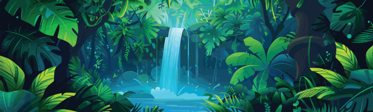 lush rainforest with waterfall isolated vector style