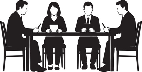 Fototapeta premium Four people in silhouette sitting at a long table with papers and pens also transparent background meeting