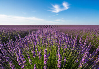 Obraz premium Vibrant purple lavender field under blue sky with wispy clouds and lush greenery serene landscape