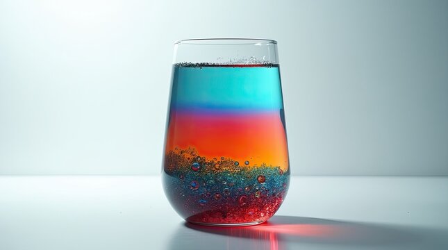 Transparent container showing layers of liquids with different densities