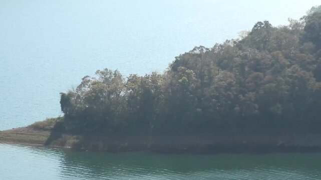 Aerial view of the reservoir of Idukki Dam seen from Hill View Park, Idukki, Kerala, India