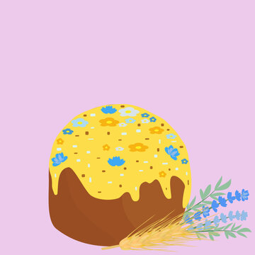 Easter cake vector illustration on pink background. Traditional pascha bread with yellow glaze, lavender and wheat. Festive greeting card template with large copy space for text. Flat art