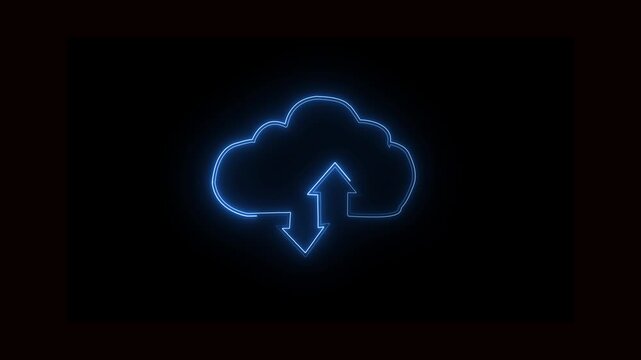 Neon cloud storage icon with upload and download arrows glowing in red animation on black background, digital technology for data transfer,4k video