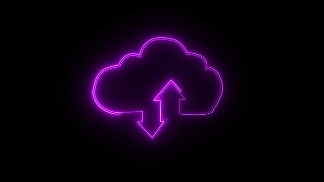 Purple neon cloud upload and download arrows icon on black background cloud computing,cloud arrow up symbol icon animation neon glow on black background.