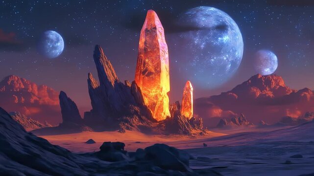 Fantasy landscape featuring crystal formations and celestial bodies