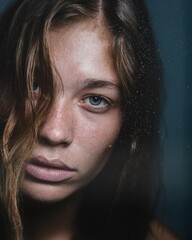 Fototapeta premium Close-up portrait of a subject with shimmering skin and long flowing hair floating underwater
