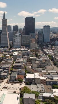 aerial view of downtown San Francisco. Vertical design in 9:16 ratio. Smartphone and social media ready.