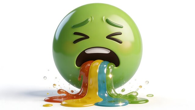 Green emoji feeling unwell and vomiting a rainbow of colors, illustrating sickness or a bad reaction