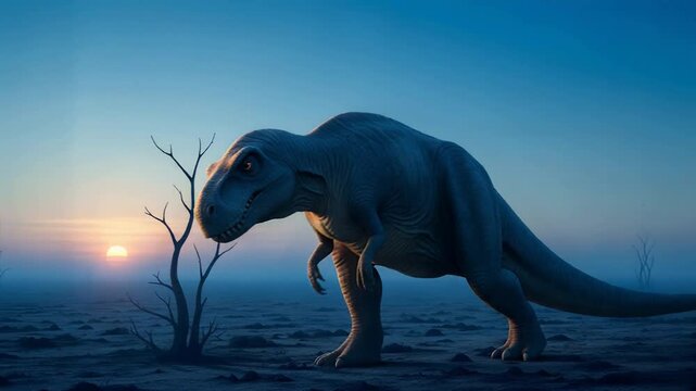 Dinosaur walking across a desolate prehistoric landscape at dawn. Tyrannosaurus rex exploring fossilized terrain during sunrise. Ancient reptile in Jurassic world.