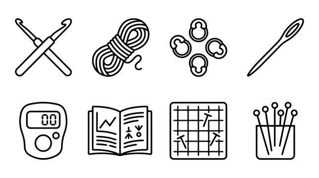 Crochet and knitting tools illustration set for crafts and needlework
