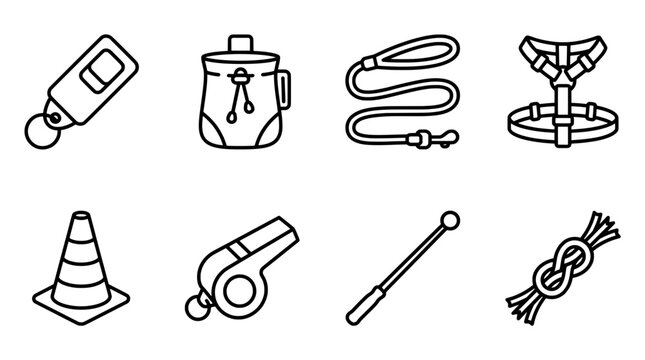 Dog training equipment icons whistles leashes harnesses and more