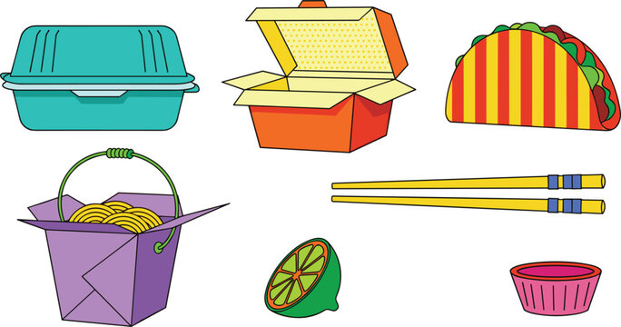 Fast Food Takeaway Vector Icon Set with Chinese Noodle Box, Taco, Burger Container, Chopsticks, Lime, and Dipping Sauce for Restaurant Delivery and Menu Designs.