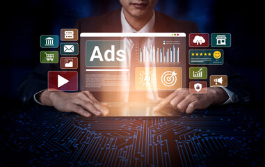 Obraz premium A businessman interacts with a digital tablet showcasing various online advertising elements, emphasizing analysis, management, and innovative strategies in a modern workspace. Ledger