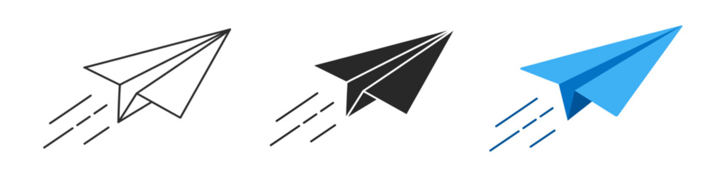 Paper plane icon set, send message symbol, email and chat communication signs, minimal simple vector illustration, outline and solid styles on transparent background