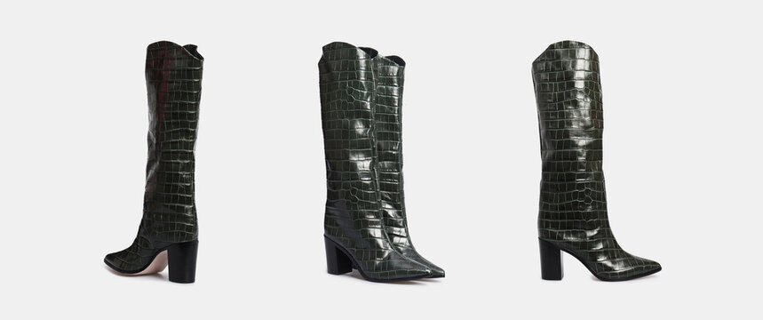 Blank green women's crocodile leather knee high boots isolated on white background. Set of female classic fashion spring autumn shoes with Pointy Toe, high heel. Template, mock up