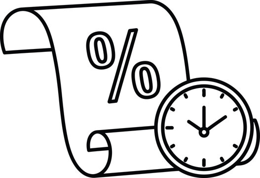 A simple line drawing of a scroll with percentage sign and clock