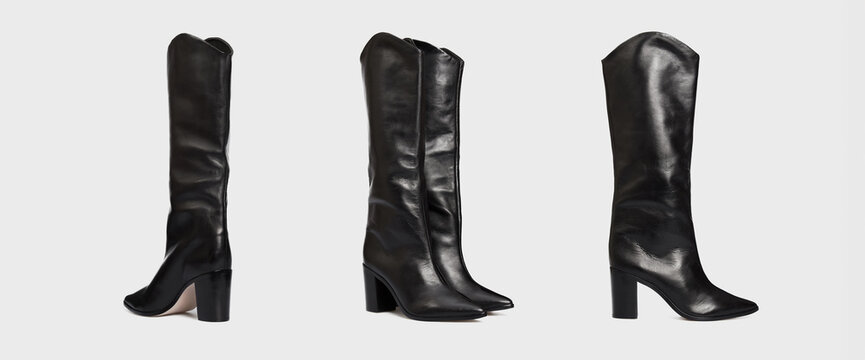 Blank black women's leather knee high boots isolated on white background. Set of female classic fashion spring autumn shoes with Pointy Toe, high heel. Template, mock up
